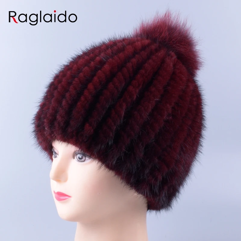 Raglaido, вязаные шапки из меха норки для женщин, шапки с помпоном для девочек, высококачественные элегантные женские лыжные шапочки, шапки для женщин, Балаклава LQ11274