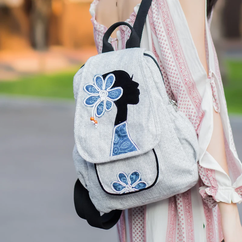 Черный повседневный рюкзак из хлопка и льна в национальном стиле модные женские