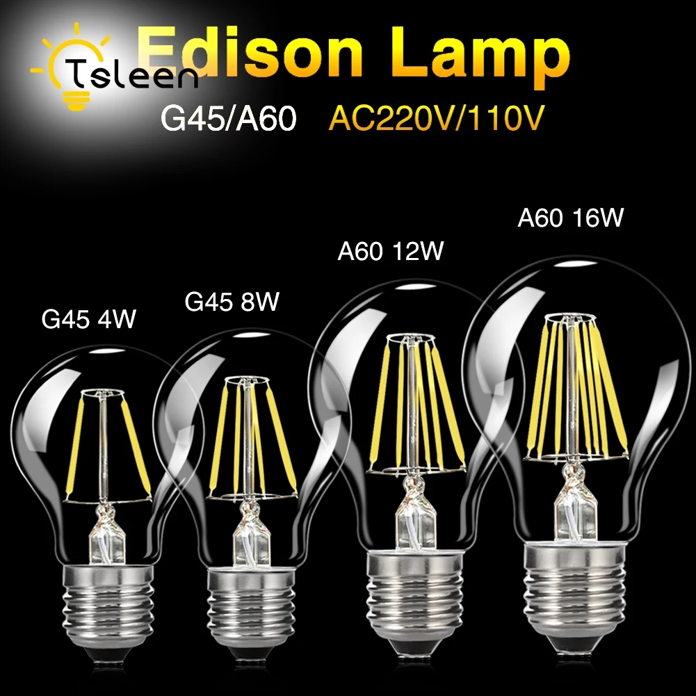 

TSLEEN Dimmer Retro Dimmable LED Filament Light lamp E27 E26 110V 220V 8W 16W G45 A60 Clear Glass shell vintage edison led bulb
