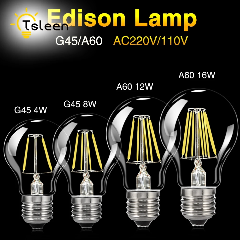 TSLEEN Dimmer Ретро затемняемый Светодиодный светильник накаливания E27 E26 110V 220V 8W 16W G45 A60