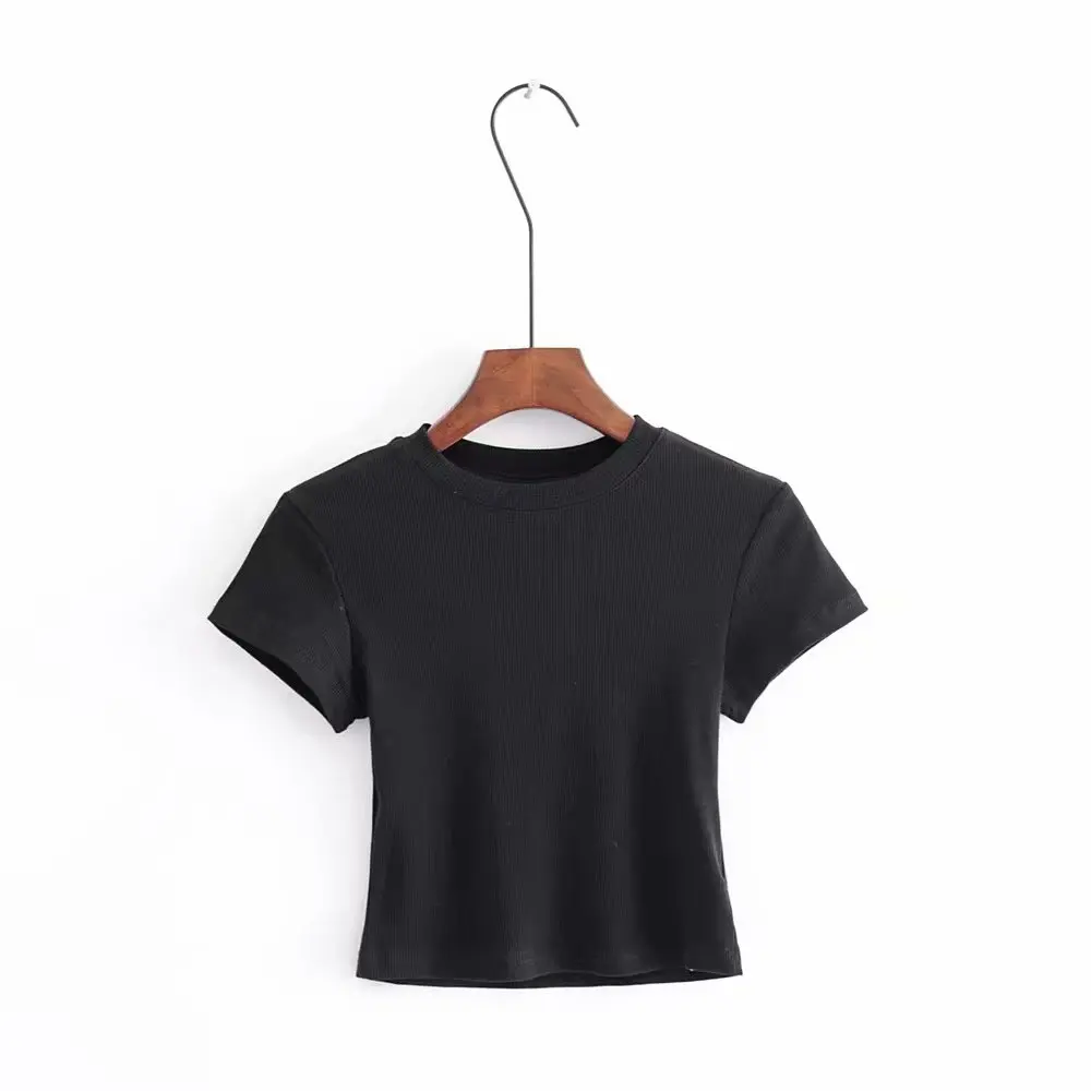 Летняя рубашка винтажный Топ футболка Женская Базовая кроп-футболка в рубчик