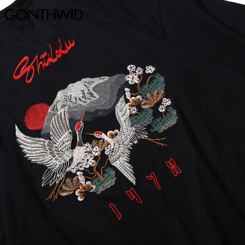 Футболки GONTHWID с вышивкой японского Ukiyo-e Crane Flowers Mount Fuji, уличная одежда, Harajuku, повседневные футболки в стиле хип-хоп, мужские топы