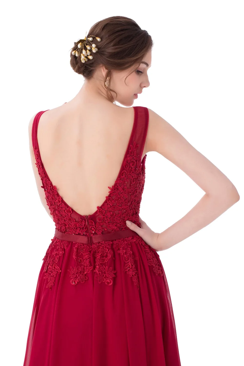 Женское вечернее платье с открытой спиной винно Красное длинное шифоновое в пол