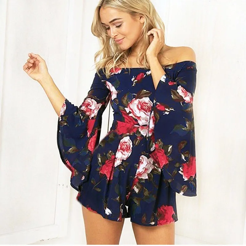 TEMOFON сексуальная печати комбинезон с вырезом лодочкой Для женщин Playsuit Flare рукавом