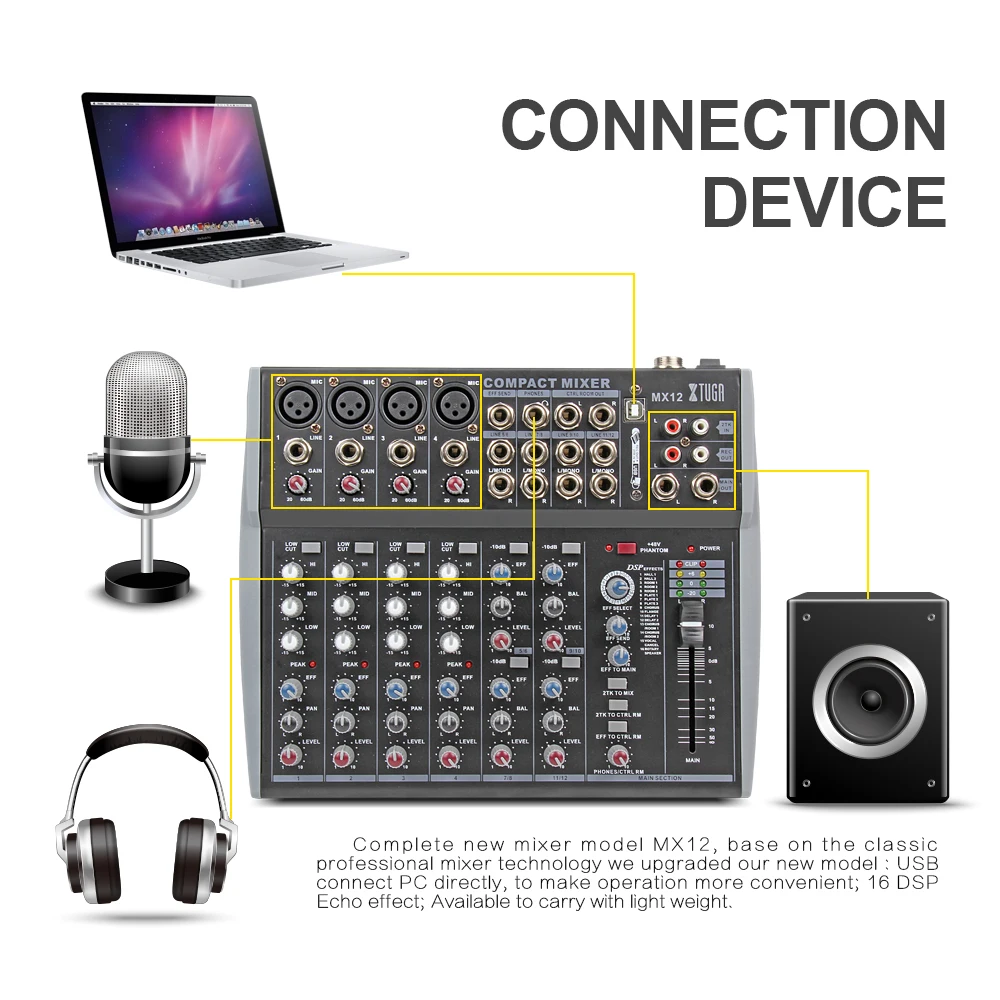 XTUGA MX12 каналы 3 полосный EQ аудио музыкальный микшер микшерная консоль с USB XLR