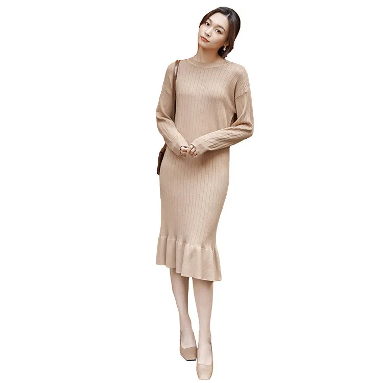 Платье-Свитер с круглым вырезом осенне-зимнее трикотажное платье оборками |