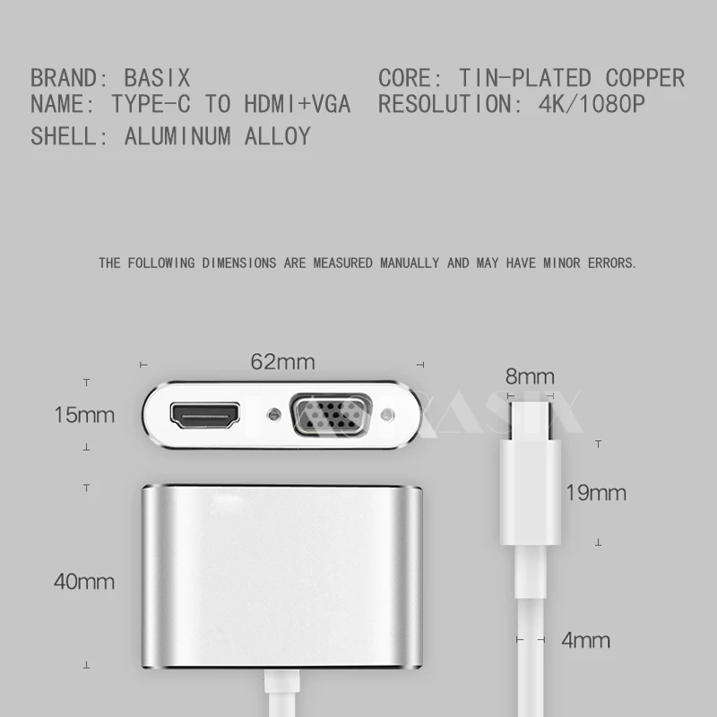 Basix USB C To HDMI VGA Adapter Type 4K Thunderbolt 3 for Samsung Galaxy S10/S9/S8 Huawei Mate 20/P30 Pro USB-C | Электроника