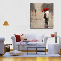 oil painting on canvas handmade wall art modern rain landscape picture two people walk under the red umbrella