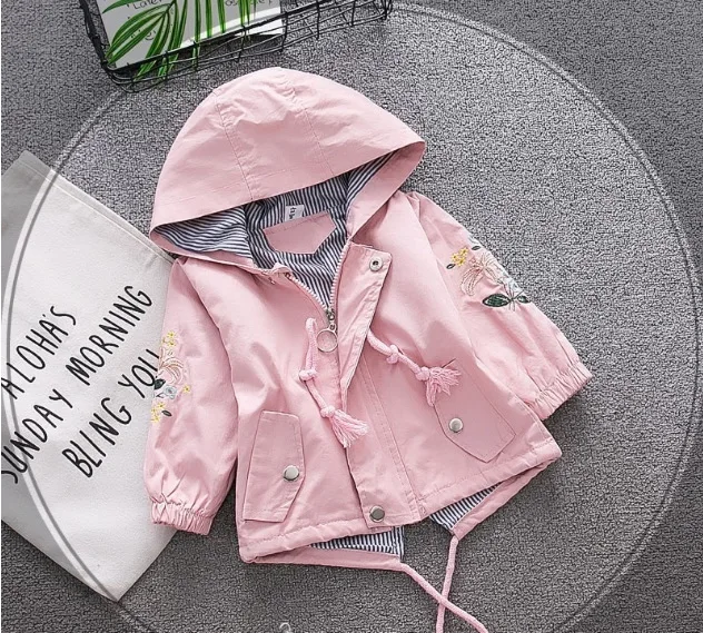 pink Коллекция года, осенние куртки с капюшоном для девочек, детские хлопковые ветровки с вышитыми цветами, детская повседневная одежда принцессы - Цвет: pink