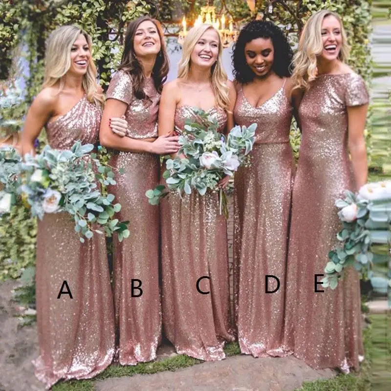 

Bling Sparkly Rose Gold Bridesmaid Dresses Sequine Cheap Mermaid Two Pieces Prom Gowns Backless Country Beach Party Dress