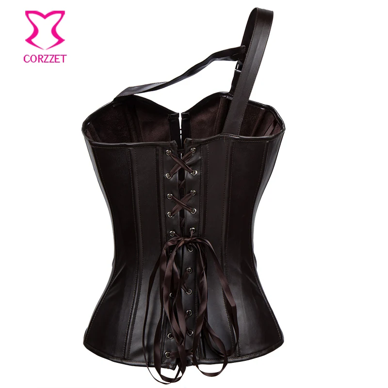 Женский коричневый корсет из искусственной кожи на одно плечо готический в стиле
