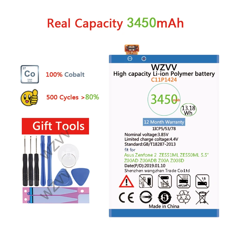 WZVV Реальная батарея Li-Polymer емкостью 3450 мАч C11P1424 для Asus Zenfone 2 ZE551ML ZE550ML 5.5inch Z00AD Z00ADB Z00A Z008D.
