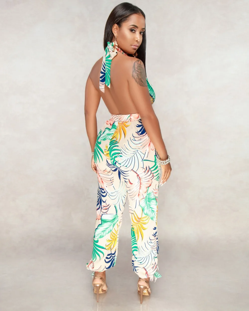 

Leaf Digital Print Halter Backless Women Bodycon Jumpsuits Women Bodydsuits