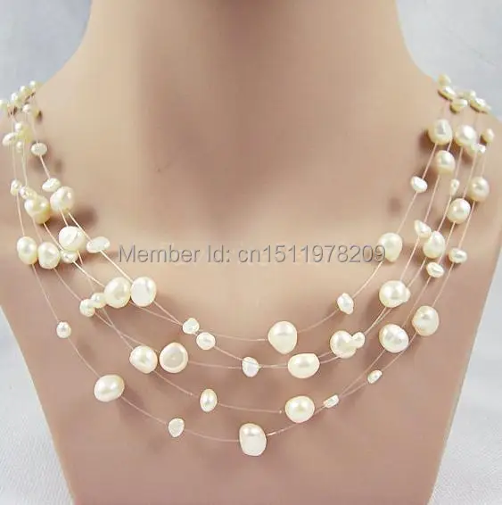 

Pearl Necklace , 5 Strands 17-18 Inches 4-5mm And 7-8mm White Color Natural Freshwater Pearl Fish Line Necklace - Free Shipping