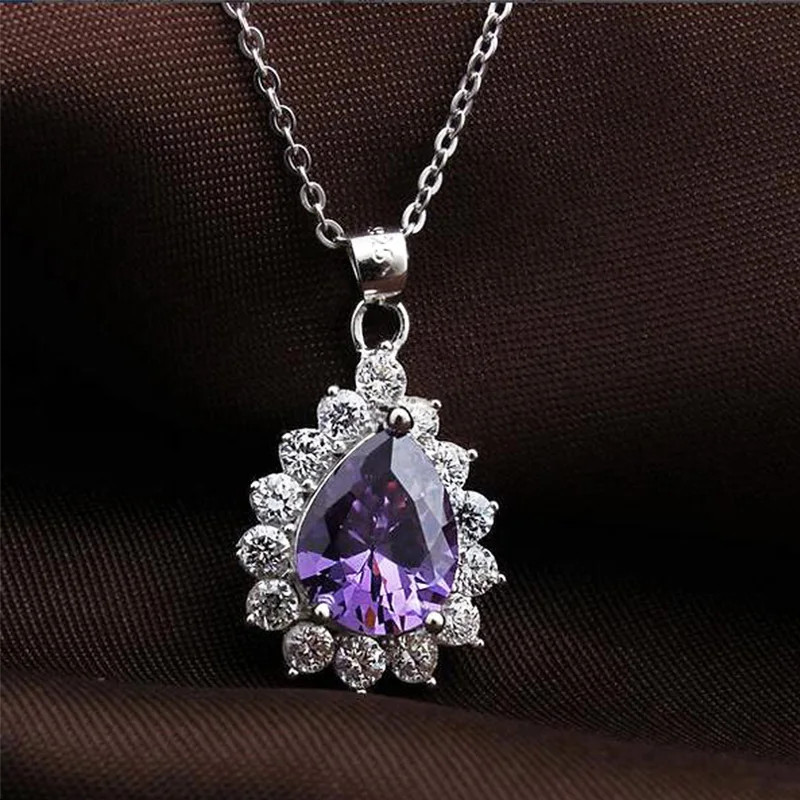 

Amethyst Pendant 925 Sterling Silver Purple Crystal Birthstone gifts Wedding Jewelry Water Drop Crystal Engagement Pendant