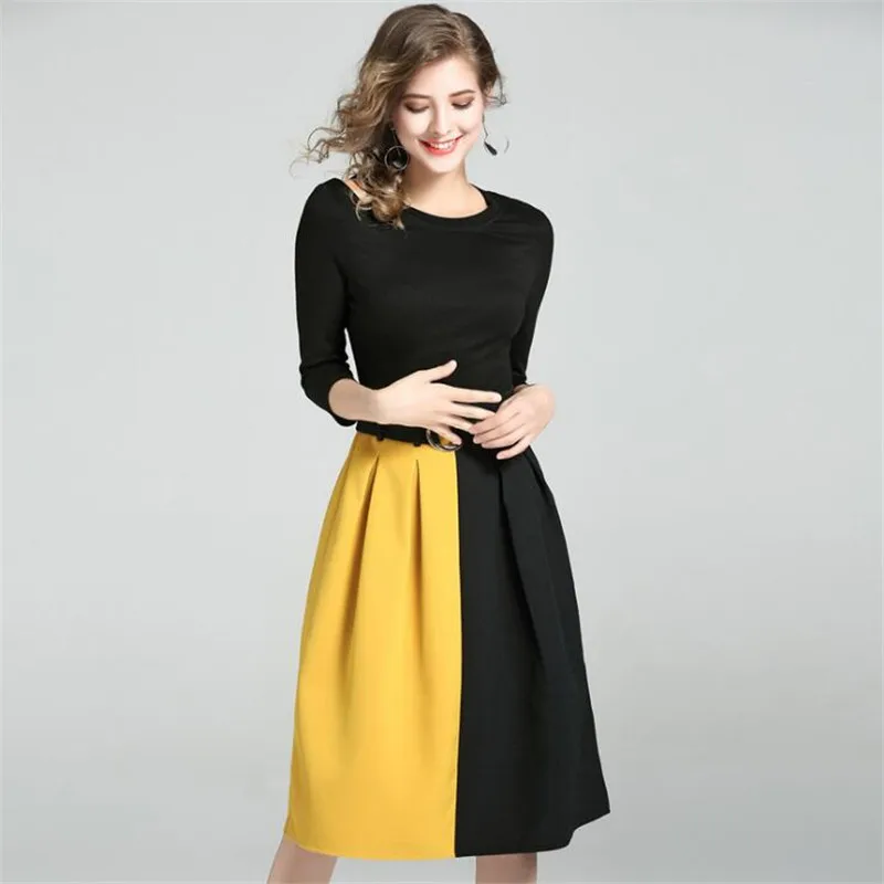 Модное платье контрастного цвета ТРАПЕЦИЕВИДНОЕ офисное женское Осеннее