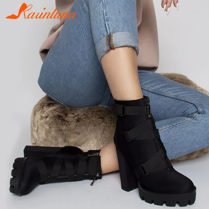 Женские ботильоны на платформе KARINLUNA черные мотоциклетные ботинки высоком