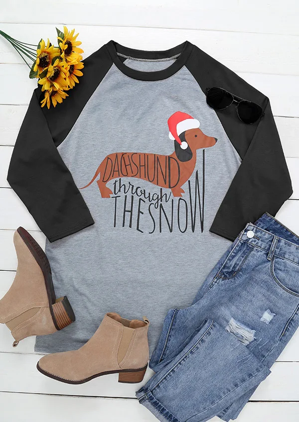 Черный Merry Christmas футболка такса для женщин Женский Топ полный рукав Crewneck Осенняя футболка размера плюс Новогодняя футболка Прямая поставка - Цвет: Черный
