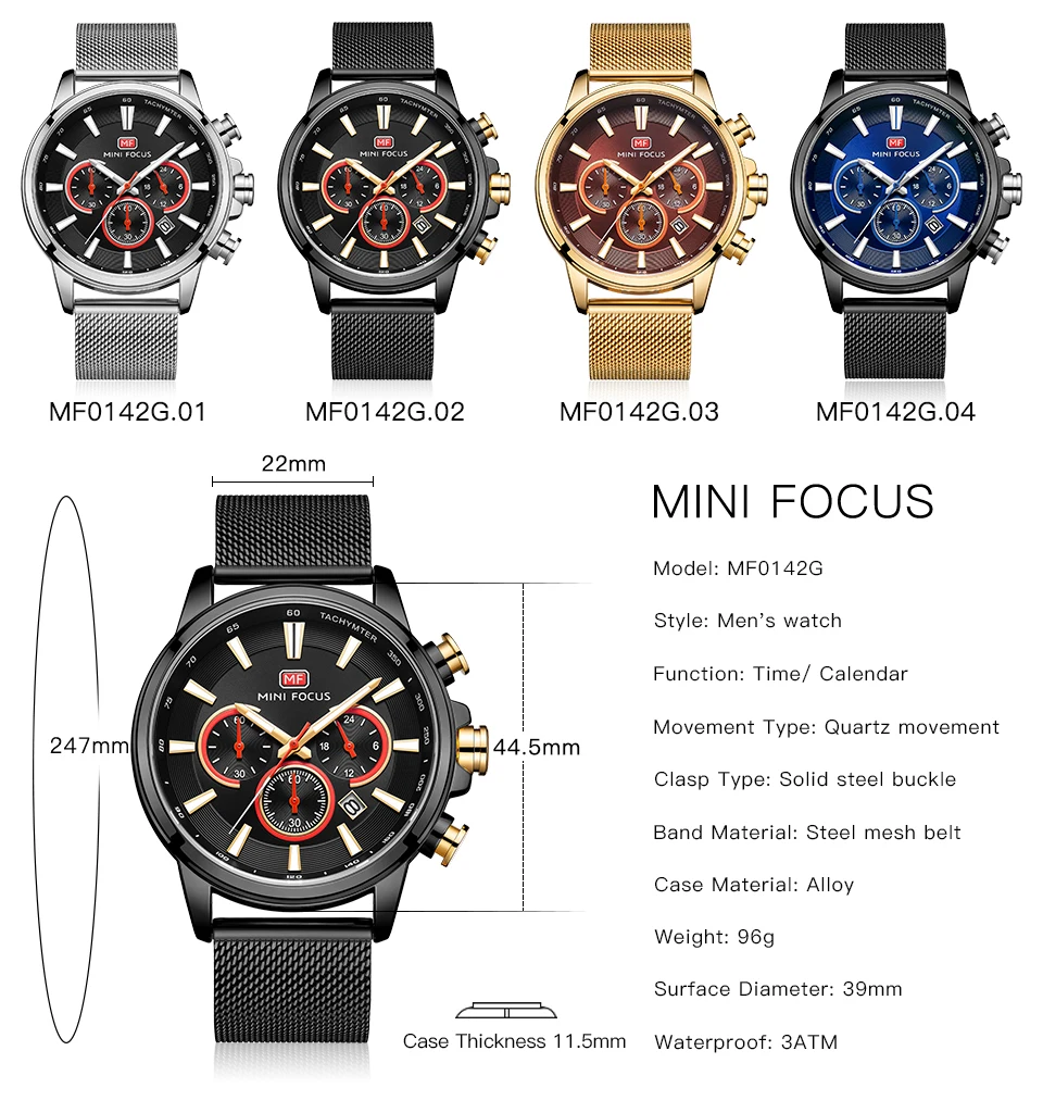 Спортивные часы MINI FOCUS мужские Роскошные водонепроницаемые кварцевые наручные с