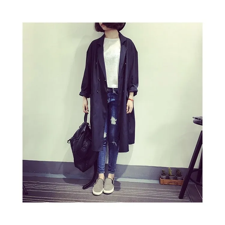 

Pop Fashion Autumn Turn-Down Neck Casual Trenchs Women Double Breasted Loose Coats Solid Long Sleeve Long Overcoats
