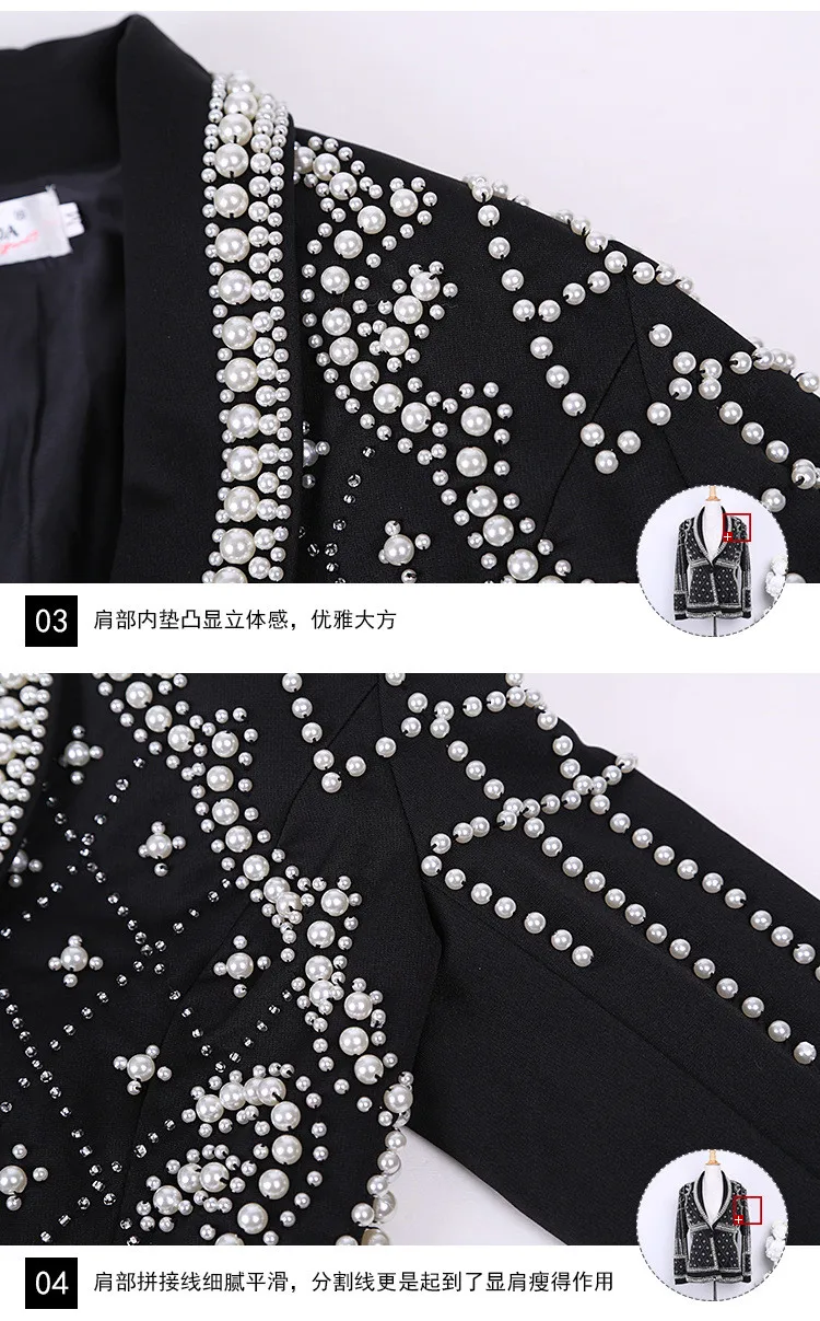 High Quality Handmade Beading Blazers Ladies New Elegant Solid Notched Collar Luxurious Chic Party Pearl Outerwear Suit Jackets