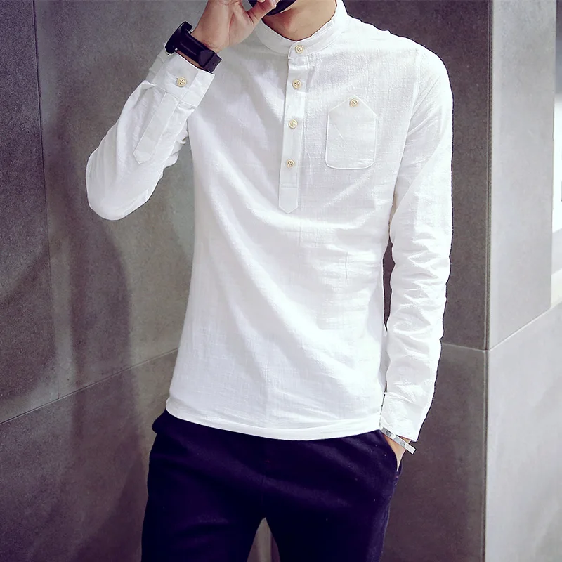 Мужская однотонная льняная рубашка хлопковая приталенная из льна с длинными