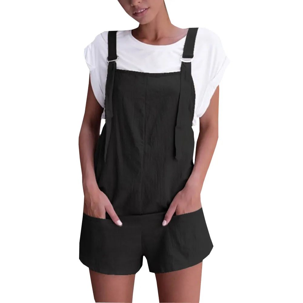 womens rompers jumpsuit Elastic Waist Dungarees Linen Cotton Pockets Rompers Playsuit Shorts Pants combi pantalon femme#XB35