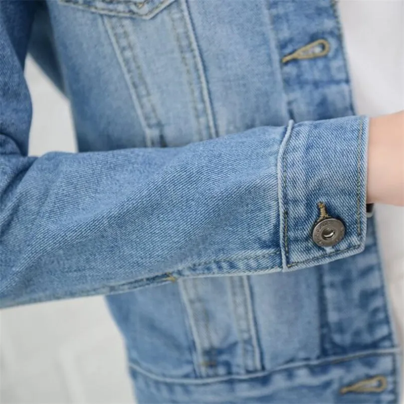 

YGYEEG Solid Turn-down Collar Jean Jacket For Women Long Sleeve Blue Fashion Coats Female Outwear Denim Feminine Casual Style