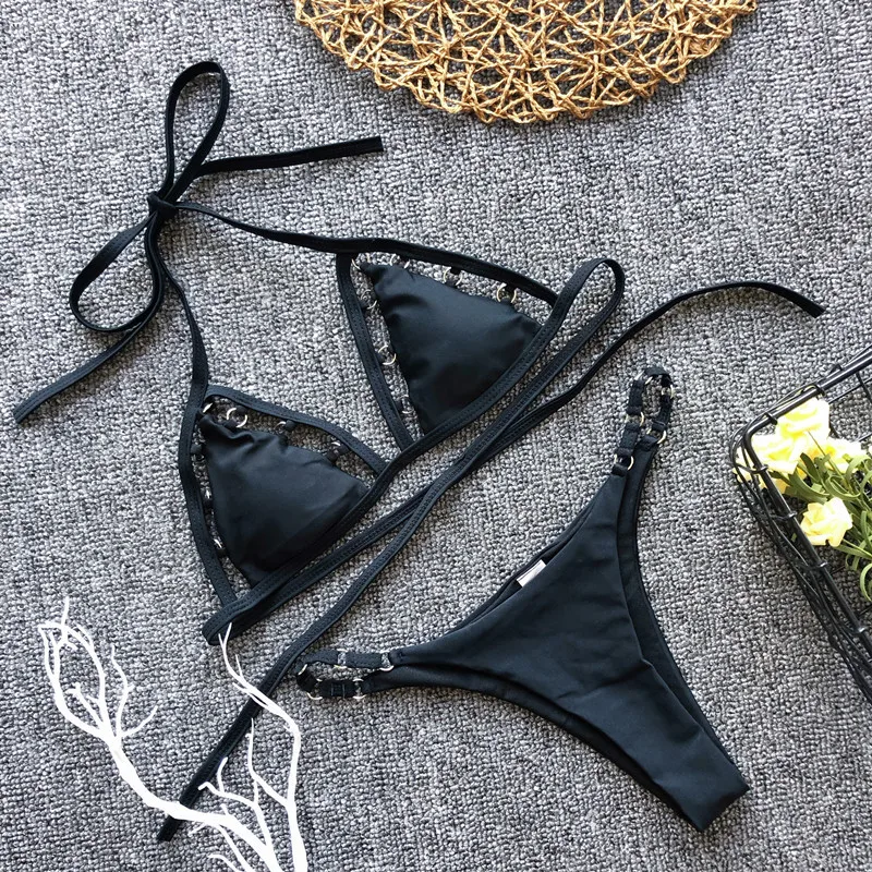 

New Bandage Cut Out Metal Ring Detail Bikini Set Sexy Push Up Two Pieces Triangle Swimsuit For Women Beach Wear