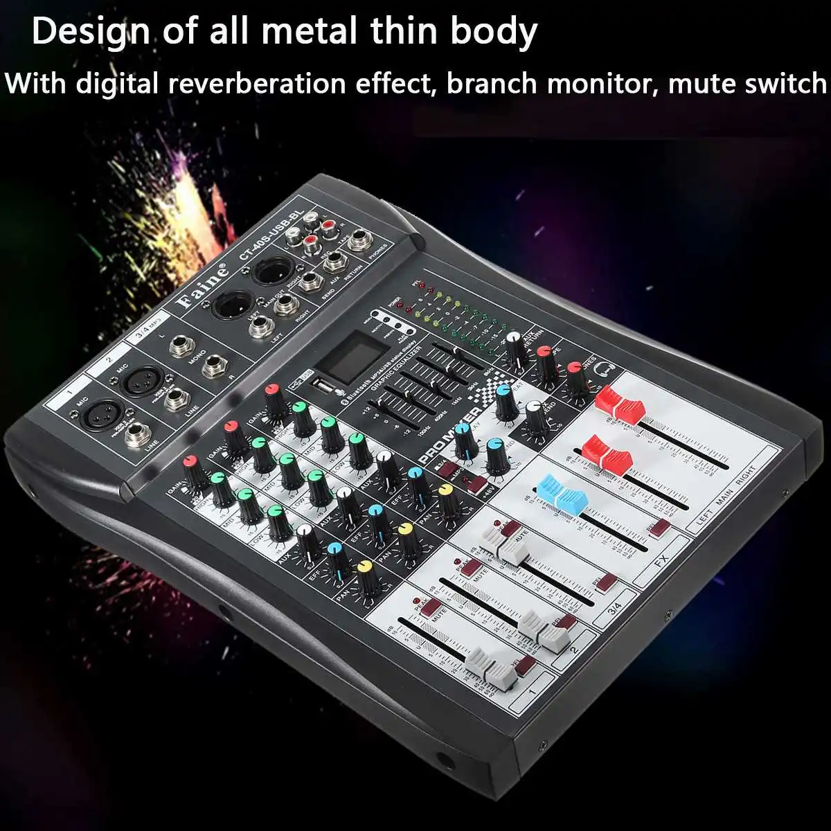 Faine 4 канала беспроводной bluetooth DJ аудио микшер контроллер DJ микшерный пульт музыка с USB светодиодный металлический экран профессиональный
