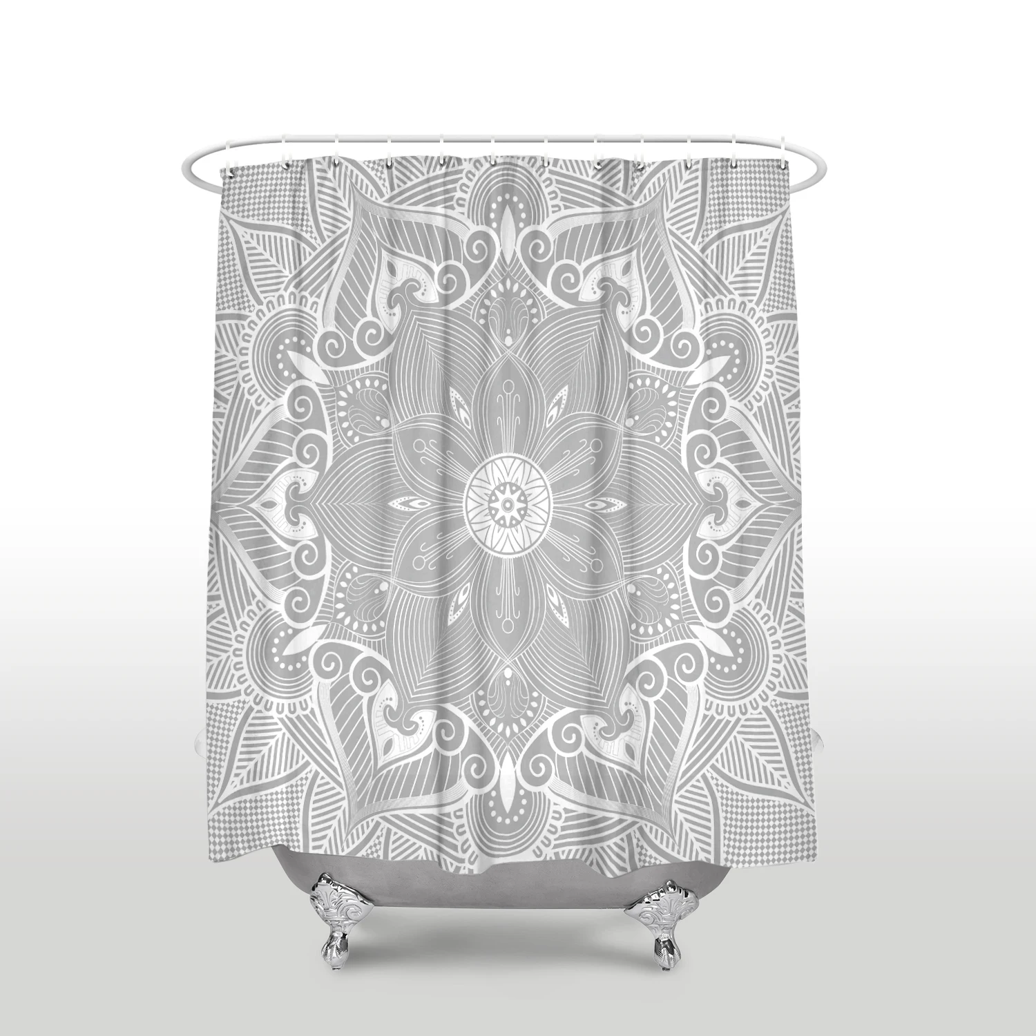 

New Arrival Mandala Waterproof Printed Shower Curtain with Hooks Polyester Fabric Gray Bathroom Curtains for Home Decorations