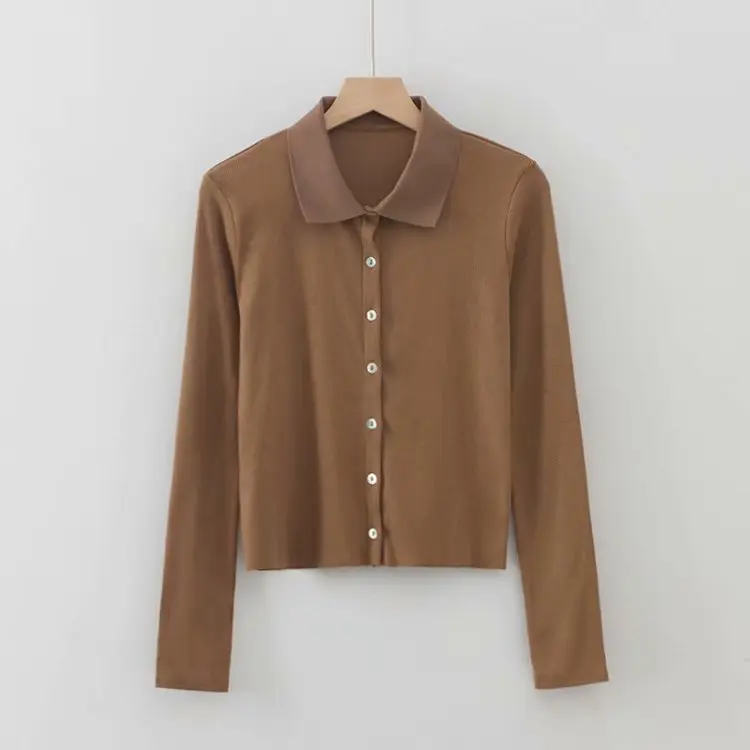 Женский винтажный Топ с длинным рукавом футболка воротником на пуговицах