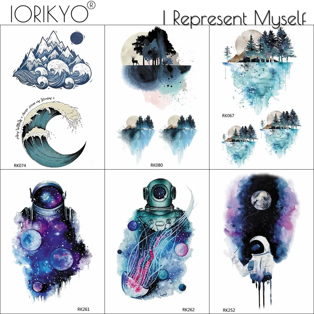 Тату наклейка IORIKYO для мужчин и женщин временные татуировки акварели гор синего