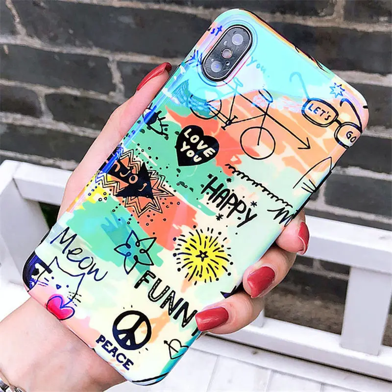 Blue light Graffiti Personality Fashion Phone Case For iPhone X 6 6S 7 8 Plus Cases Cute Cartoon Luxury Cover Funda | Мобильные