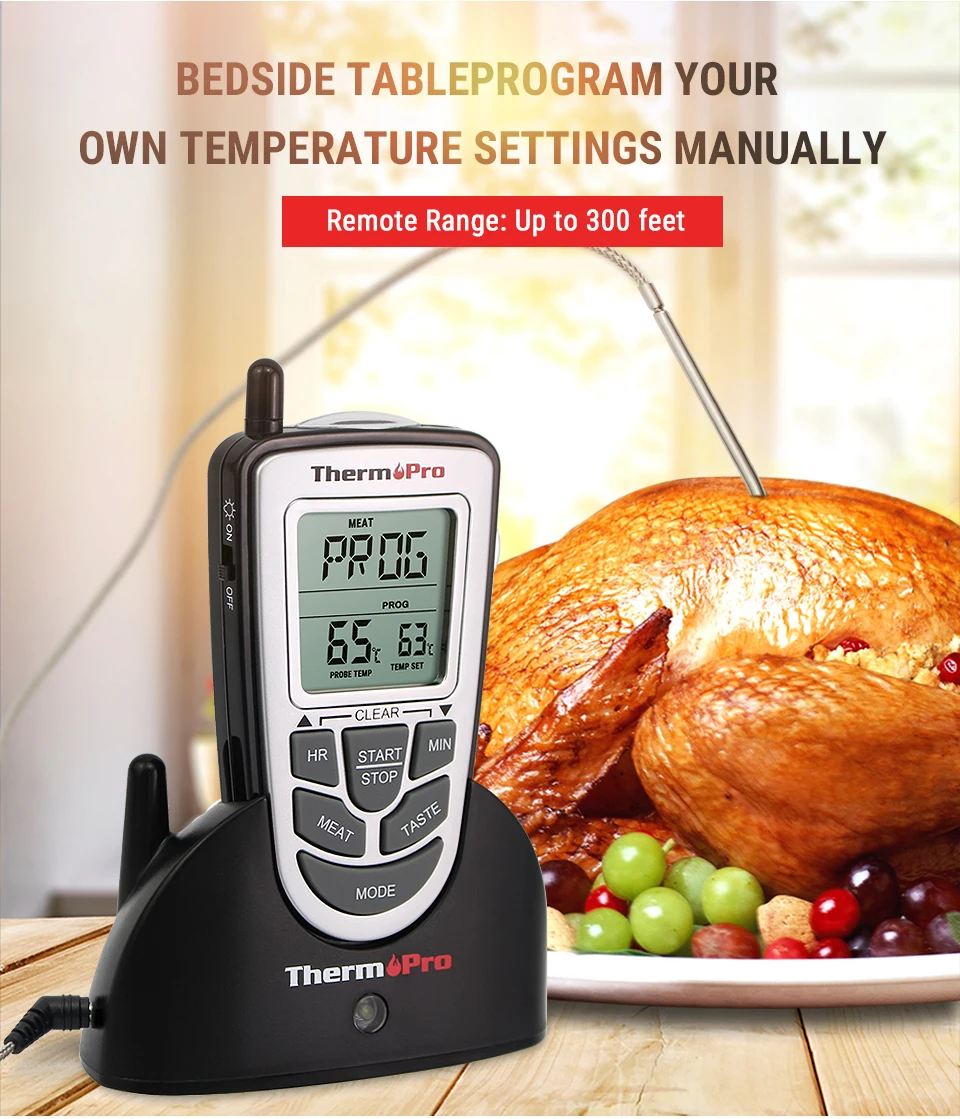 ThermoPro TP-09, 300 футов, цифровой беспроводной термометр для приготовления пищи, термометр для барбекю, мяса, термометр для кухонной печи, зонд из нержавеющей стали