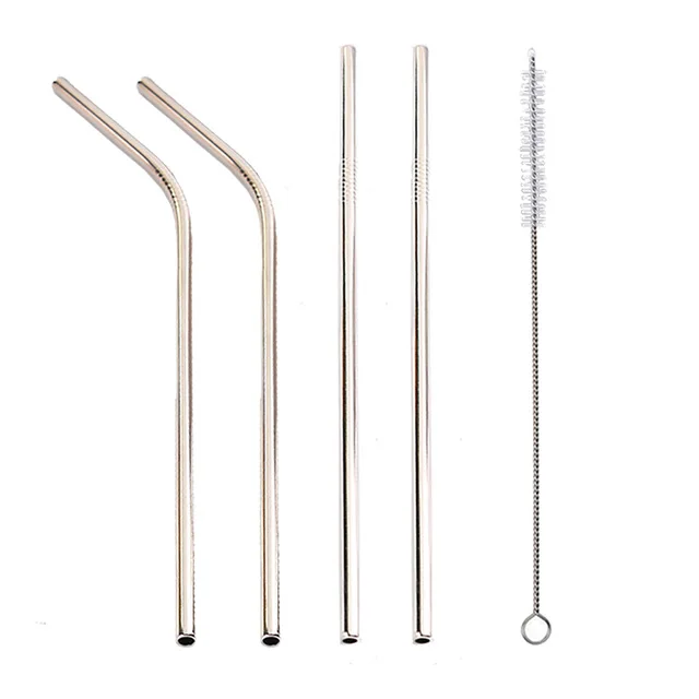 Long Silver-4pcs 4 шт 6 мм соломинки с щеткой для очистки Короткие Коктейльные трубки длинные металлические трубочки для питья соломинки для коктейлей Tapioca молочный чай - Цвет: Long Silver-4pcs