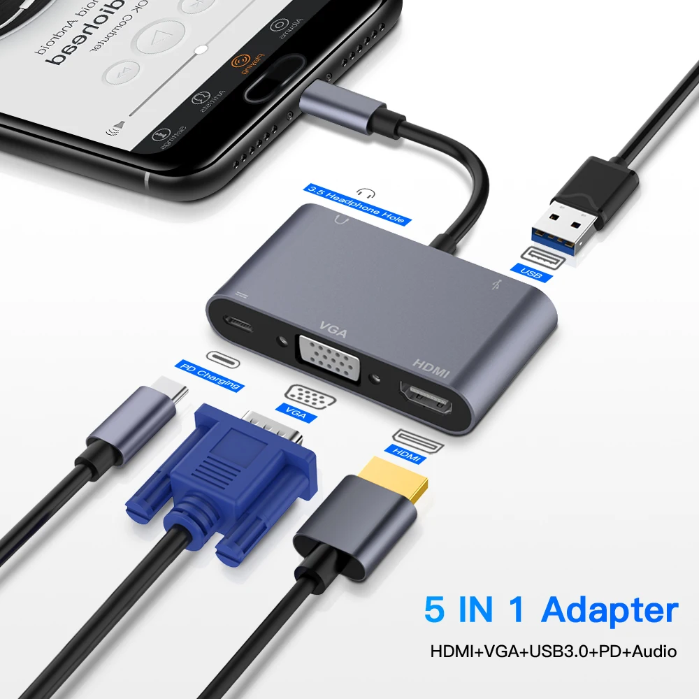 Адаптер 5 в 1 с USB C на HDMI 4K VGA разъемом 3 Тип видео конвертер адаптер для Macbook