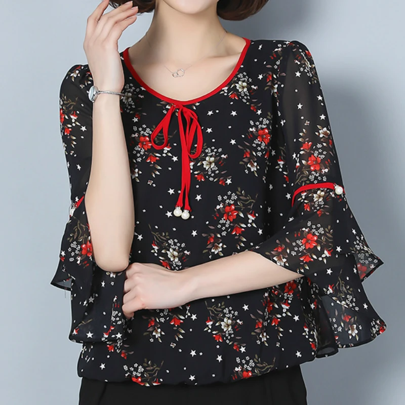 Летние топы шифоновая блузка женская рубашка модная 2018 с расклешенными рукавами