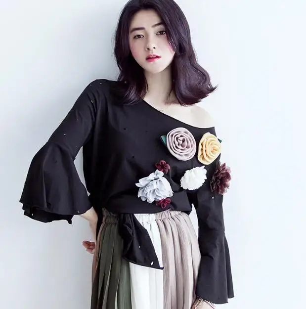 Футболка женская с объемными цветами косой воротник|tee top|top womenmori girl tops |