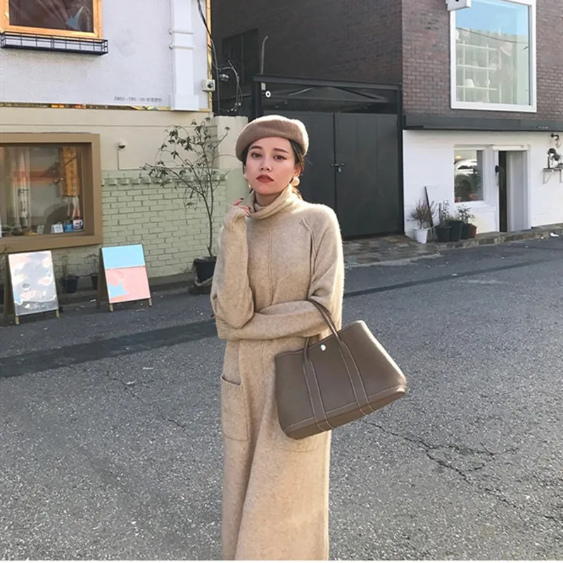 2019 women's spring and autumn winter long-sleeved sweater dress pullover straight knit loose warm casual pocket clothes | Женская