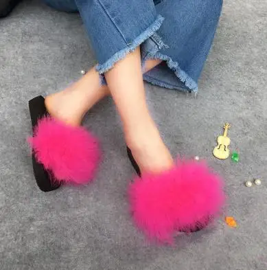 ostrich hair Тапочки с натуральным мехом; женские домашние пушистые шлепанцы с мехом лисы; удобная летняя обувь на плоской подошве; Милая женская обувь; большой размер 39; домашняя обувь - Цвет: ostrich hair