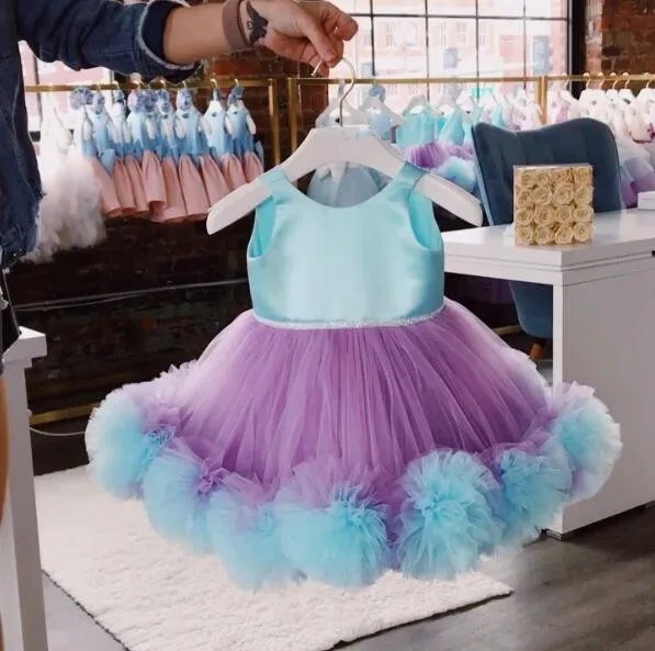 Short Puffy tulle Ruffles purple and blue flower girl dresses for dancing party Christmas ball gown kids baby birthday | Детская одежда