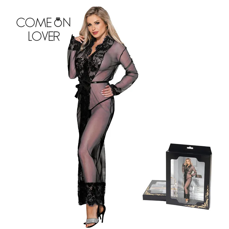 Long Sleepwear Gown Long Sleeves Mesh Robe Chemise Femme Transparent Sexy Lace Lingerie Robe Embroidery Bridal Dressing Gown
