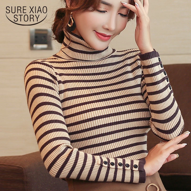 

Водолазка с длинным рукавом, женский полосатый вязаный пуловер, свитер, свитера женские , мода 2018, женский зимний свитер 1383 45
