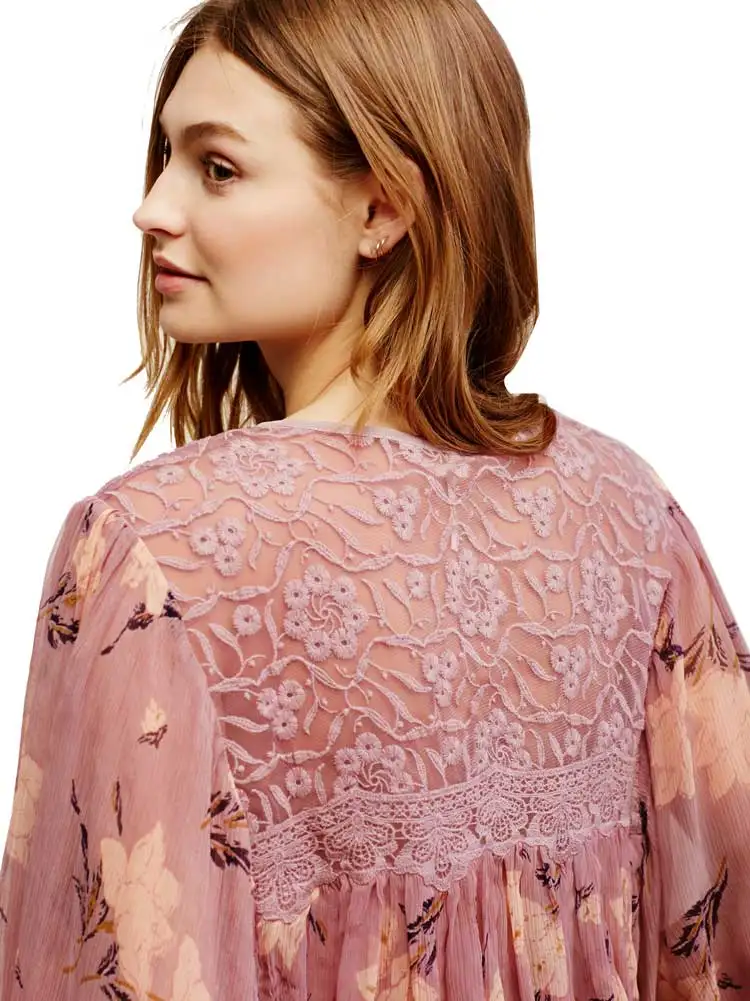 BOHO вдохновляющая блузка Кружевная Сетка v-образным вырезом прозрачные блузы с принтом Длинные рукава-фонарики женские рубашки шикарные пуговицы Топы blusas