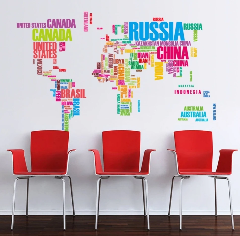 Белый черный буквы мира географические карты стены стикеры салон домашний декор