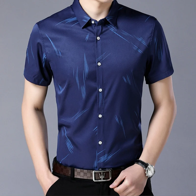 0818 Navy Blue Новая мужская Весенняя летняя рубашка с коротким рукавом с принтом для молодых и средних лет, Мужская умная Повседневная рубашка синего и фиолетового цвета HOWDFEO - Цвет: 0818 Navy Blue