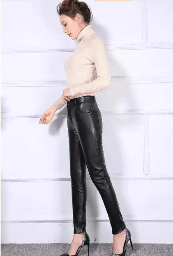 S-4XL г. Новые брюки из овечьей кожи женские корейские модные кожаные брюки больших размеров узкие брюки