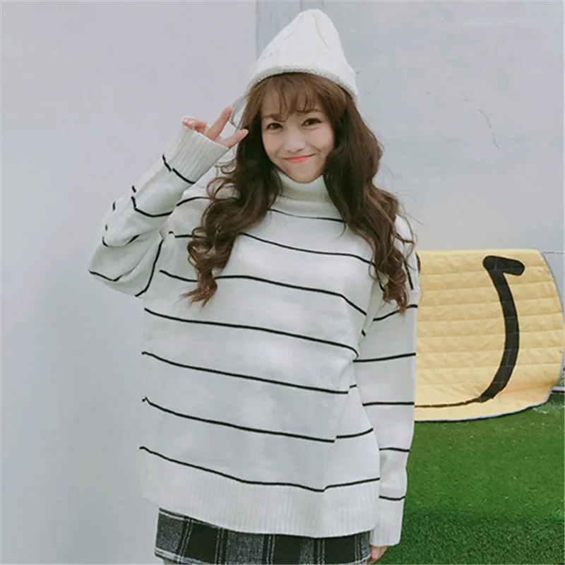 Yuzhenli 2018 Autumn Women Casual Pullovers Sweaters Knitted Sweater Winter Loose Warm Striped Turtleneck | Женская одежда