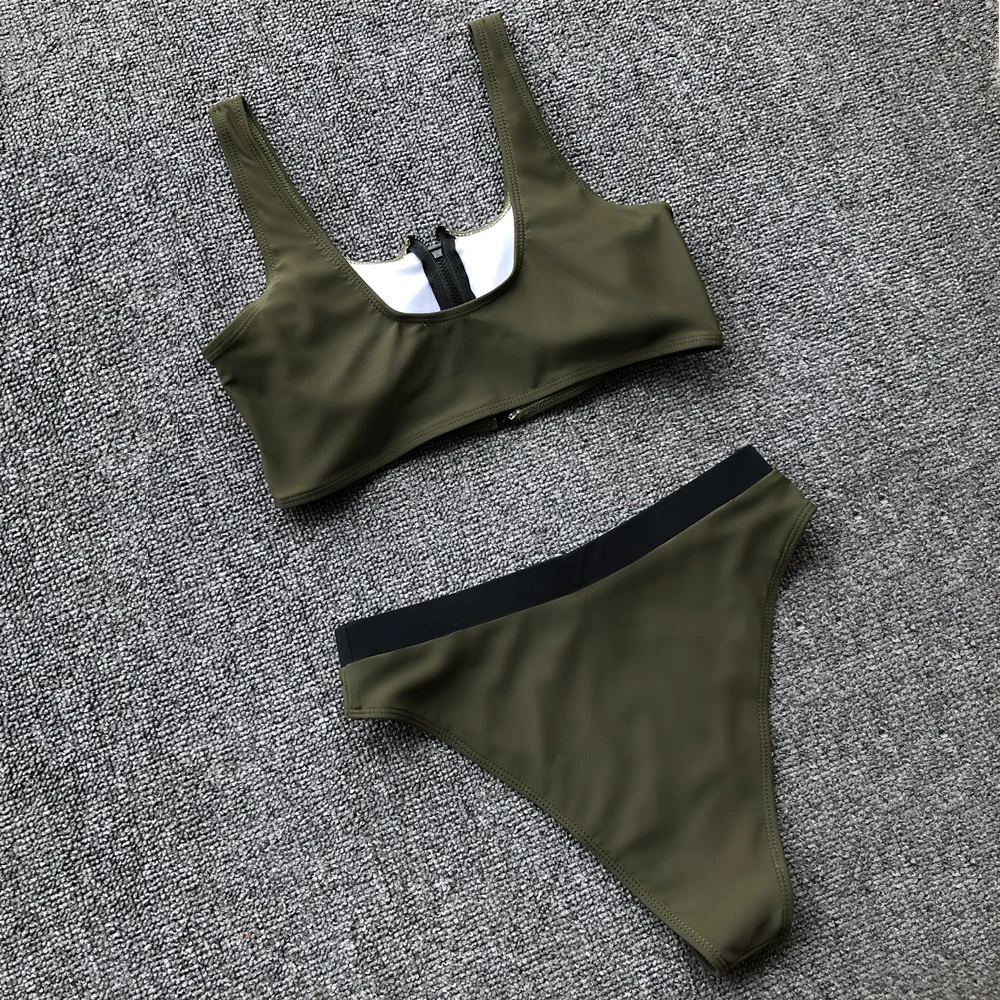 Армейский зеленый купальник на молнии с завязками спереди бикини однотонный